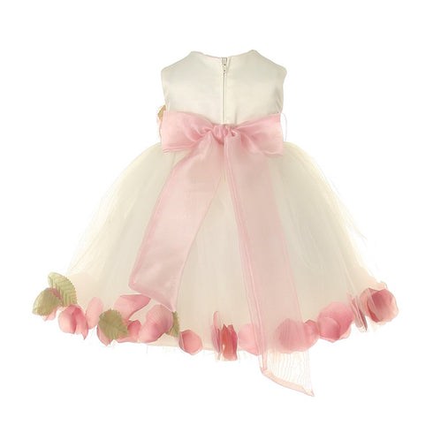 Baby Girls Ivory Dusty Rose Petal Adorned Satin Tulle Flower Girl Dress 6-24M - SophiasStyle.com